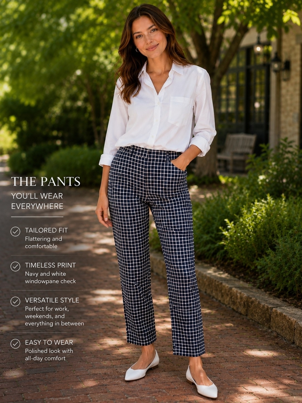 LOFT Navy and White Windowpane Straight-Leg Trousers